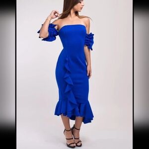 Blue Womens off the shoulder fishtail Ruffle Hem Dress